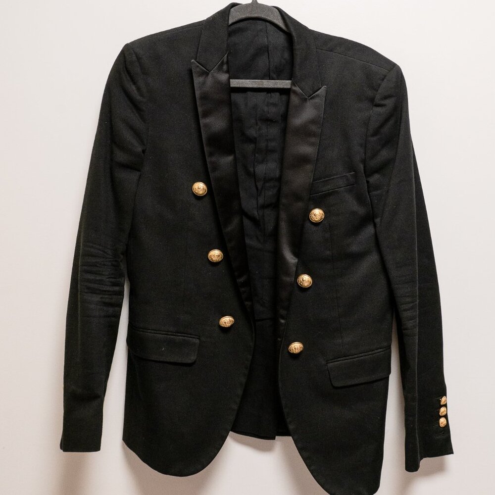 Balmain Men's Black Tuxedo Blazer with Gold Buttons Size 48